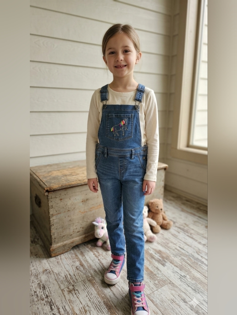 Cat & Jack Girls Denim Overalls Embroidered Unicorn Size M (7/8)